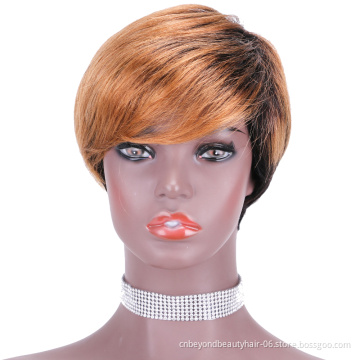 Brown Black Short Human Hair Wigs Pixie Cut Dark Root Ombre Natural Black Wigs with Bangs Wigs for Women